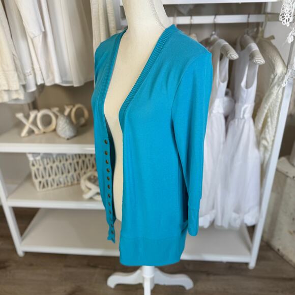 Zenana Women's Size L Turquoise Blue Brass Button Up Cardigan Sweater #3515 - Picture 3 of 8